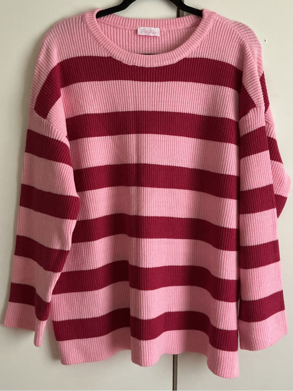 Pink Lily Pink & Burgundy Striped Crewneck Sweater